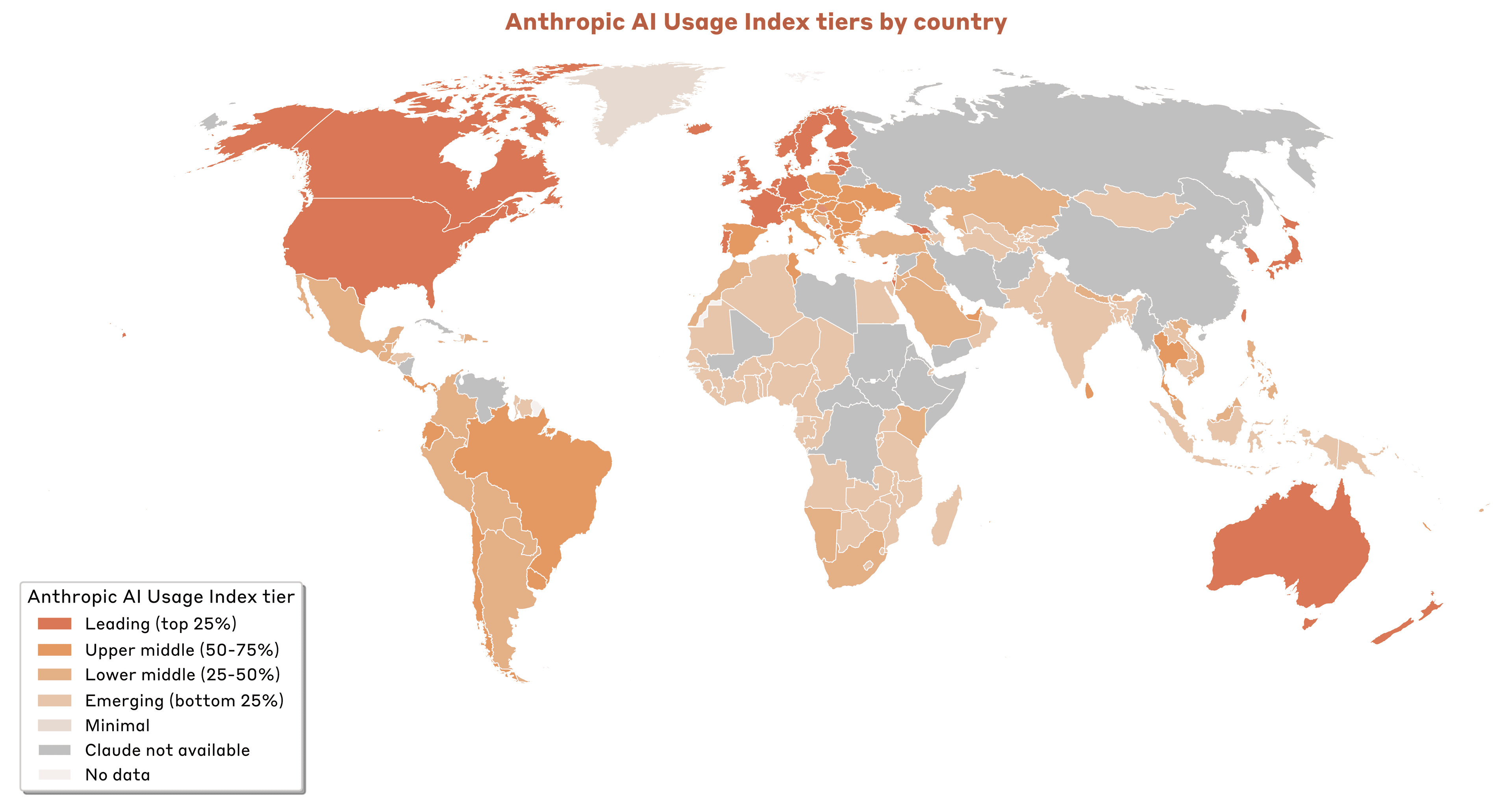 Figure 2.3: Claude diffusion varies across countries, with countries in North America, Europe and Oceania leading in Claude adoption per working-age capita. The different tiers reflect a country’s position within the global distribution of the Anthropic AI Usage Index as defined in this chapter.